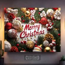 1pc Holiday 2D Christmas Background With Pine Cones, Ornament Balls And Holly - Polyester, No Electricity Required, Suitable For Holiday Photography And Decoration, Christmas Photography Backdrop | Christmas Themed Decor | Polyester Background, Christmas Decoration