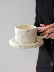 1 Set Floral Ceramic Coffee Cup & Saucer Set, Large Capacity Hand-Painted Ceramic Cup With Coaster, Heart/Flower Pattern, Vintage Style Coffee/Afternoon Tea Dinnerware, Suitable For Spring Brunch, Country Gathering, Women, Commercial Use, And Gifting - Multicolor - View 4