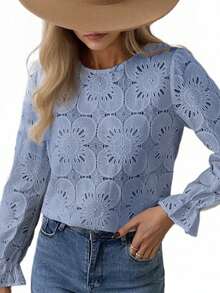 Vintage Lace Hollow Floral Round Neck Long Flared Sleeve Loose Blouse For Women  Blusas De Mujer Elegante Casual Dating Office Tops - 藍色 - 查看 2