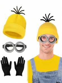 1/2 件/3 件/4 件圣诞节和新年万圣节服装配饰成人蒸汽朋克护目镜眼镜黄色无檐小帽黑色手套男女适用，适用于万圣节角色扮演派对，时尚角色扮演配饰