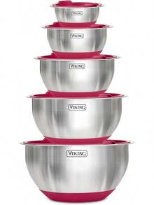 VIKING Mixing Bowls Set, 10 Piece Stainless Steel Kitchen Cookware, Non-Slip Silicone Base, Includes Tight Fit Lids, Dishwasher , Black - Red - View 7