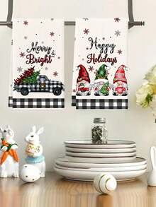 2pcs Christmas Hand Towels, Plaid & Christmas Tree Pattern Design, Advent Gift, Christmas Surprise, Cleaning Cloths, Kitchen And Dining Decor, Outdoor Party Supplies, Suitable For Christmas Kitchen And Bathroom Decoration