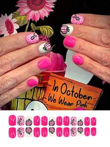 24 Peças Unhas Curtas Adesivas Criativas Rosa Abóbora, Fita Rosa, Unhas Postiças de Verão, Adequadas para Uso Diário, Suprimentos de Unhas Adesivas