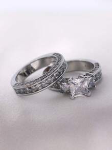 情侶戒指套裝，女士精美不鏽鋼戒指和男士簡約時尚戒指，結婚、訂婚和周年紀念日的完美禮物 - 銀色 - 查看 6