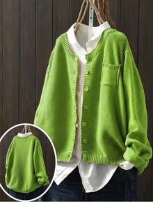 Áo khoác cardigan dài tay dáng rộng dành cho nữ, có túi hai bên, thích hợp cho mùa thu/đông. - màu xanh lá - Xem 1