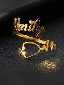 Customized Name Stethoscope Heart-Shaped Ring, Women's Stainless Steel Jewelry, 18K Gold Plated, Classic Minimalist Style, Suitable For Daily Wear And Valentine's Day Gift