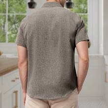 Camisa de lino para hombre, clásica, informal, de algodón, para verano, para playa, boda - Negro - Ver 3