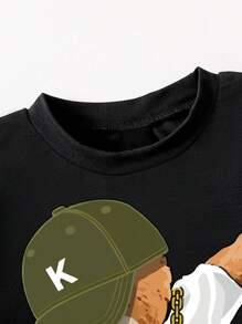 Tween Boys Cartoon Bear Graphic Print Round Neck Short Sleeve Tee And Cargo Pants Set