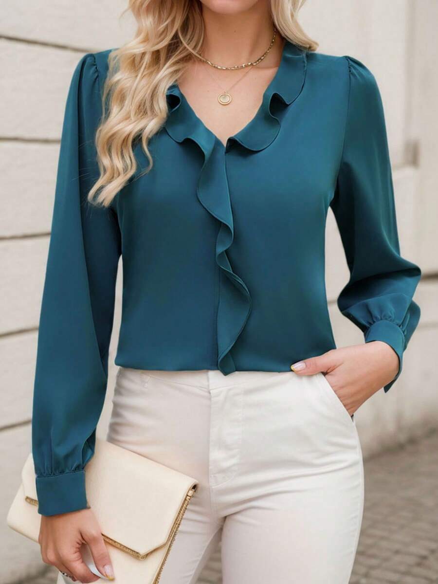 tooluck Women's Solid Color Casual Elegant Ruffle Pocket Zipper Office Shirt - 藍色 - 查看 1