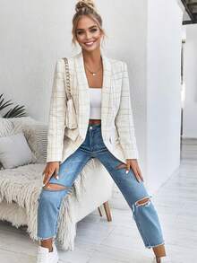 Elegant Tweed Open Front Blazer With Flap Pockets,Long Sleeve Plaid Lightweight Jacket For Work, Casual, And Office Outfits - White - View 4