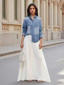 Women Denim Shirt, Long Sleeve Button-Down Solid Jacket Fall Tops With Pockets For Casual Daily - Blue - View 7