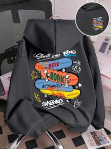 Tween Boys' Cartoon Skateboard Print Hooded Sweatshirt, Warm