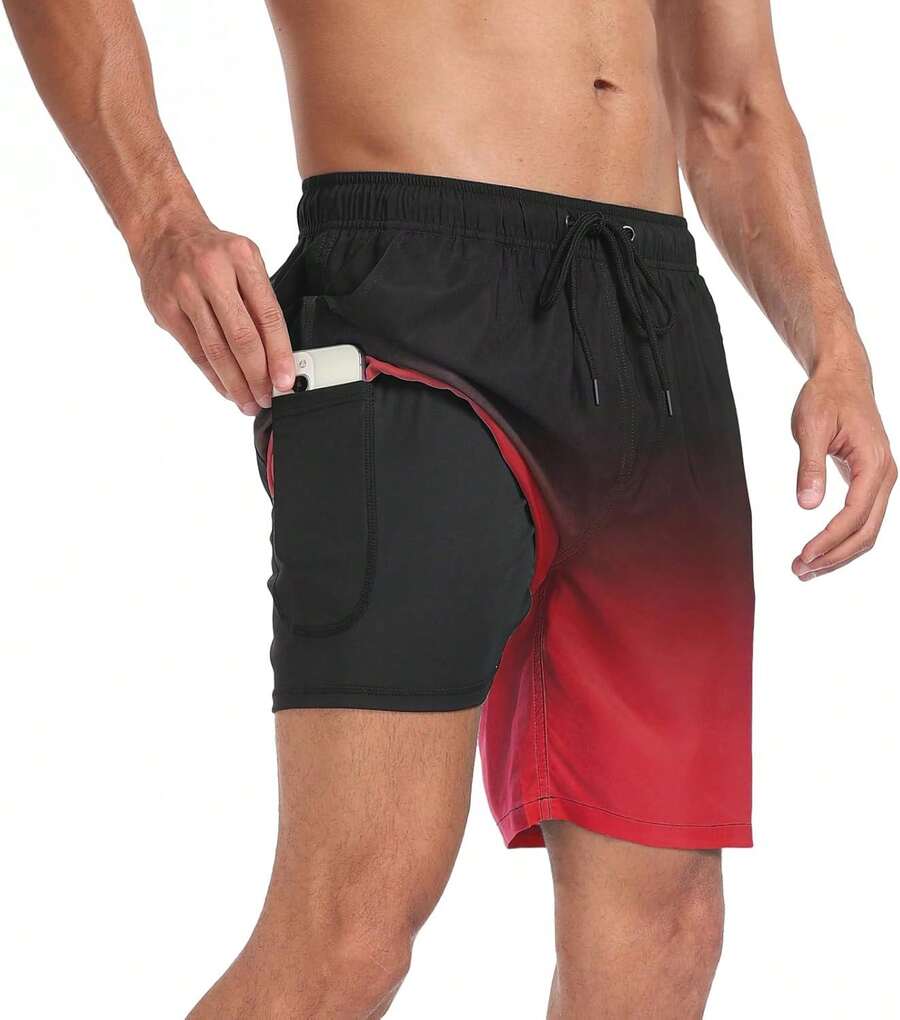 Mens Swim Trunks With Compression Liner Inch Inseam Quick Dry 2 In 1 Beach Board Shorts With Pockets S-3XLA Valentine's Day 9FML - C Gradient Red - View 1