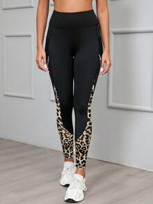 Quần tập yoga lưới vá cạp cao cho nữ, quần legging thể thao thường ngày có túi điện thoại bên hông họa tiết da báo, quần lót định hình gợi cảm phù hợp cho mọi mùa - Màu vàng - Xem 4