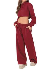Women's Fleece Lined Wide Leg Thermal Winter Warm Baggy Sweatpants With Pockets - 紅色 - 查看 5