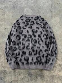 ANDREILEE Fashionable High Street Retro Leopard Print Long Sleeve Unisex Fluffy Warm Cardigan Sweater, Suitable For Spring, Autumn, Winter - Grey - View 3