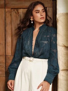 Anewsta Áo cánh tay dài cổ đứng họa tiết hoa jacquard thanh lịch cỡ lớn cho nữ, trang phục đi nghỉ và năm mới - Xem 7