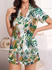 Set de 2 piese pentru femei cu imprimeu leopard și pijamale romantice casual - tricou cu mânecă scurtă și pantaloni scurți cu talie elastică