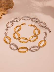 1pc European & American Exaggerated Geometric O-Shape Link Design Necklace & Bracelet Set - Oval Hollow Set - View 8