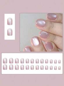 24-Piece Short Square Press-On Nail Set In Pink With Strobe, Full Cover Solid Color Nails, Glue & Filing Stick Included Women And Girls,3D Nails, Colored Nails, Detachable Wearable Nails, Suitable Wearing At Festivals, Events, And Parties. Nail Supplies Nails - 彩色 - 查看 4