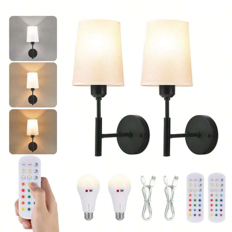 Battery-Operated Wall Sconces – Rechargeable Dimmable LED Lamps (No Hardwiring) | USB Charging Bulbs With Remote Control - Black - View 1