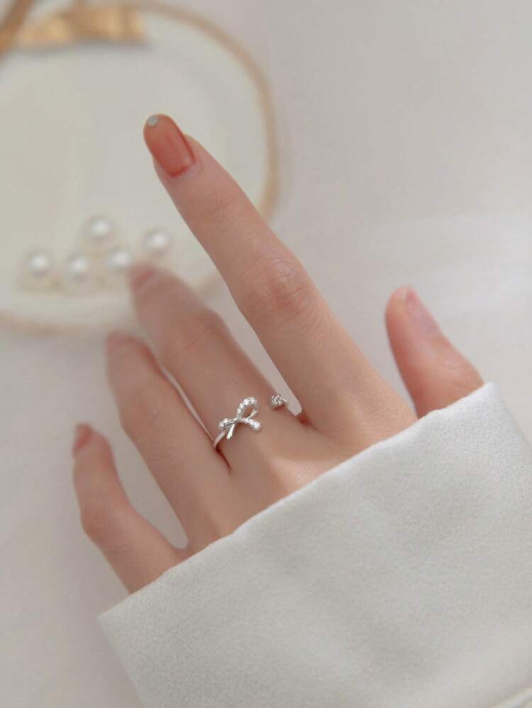 1 chiếc nhẫn nơ đính đá Cubic Zirconia, thời trang sang trọng thanh lịch ngọt ngào dễ thương thiết kế hở có thể điều chỉnh, thích hợp đeo hàng ngày, tiệc tùng, sự kiện - Bạc - Xem 2