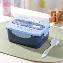 Cute Colorful Rectangular Bento Box With Spoon - Portable Single Compartment PP Plastic Food Container, Suitable For Breakfast, Fruit, Office, School, Travel And Camping - Lightweight And Durable - Blue - View 1