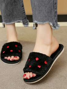 心形刺绣女士家居拖鞋，时尚可爱蓬松一脚蹬拖鞋，露趾户外服装，保暖秋冬拖鞋，产后拖鞋 - 黑色 - 查看 3
