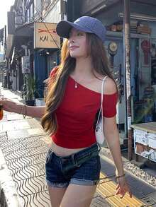 性感不对称领口短袖修身短款T恤 - 紅色 - 查看 7