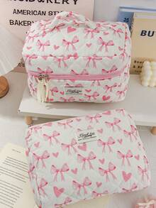 Pink Bow Pattern Cosmetics Storage Bag Large Capacity Travel Toiletry Bag Lovely Heart Print Makeup Bag Foam Quilted Travel Essentials Organizer Bag Cute Ribbon Bow Print Makeup Pouch Soft Fabric Skincare Storage Bag Small Items Storage Bag Soft Fabric Home Items Storage Bag Portable Cosmetics Organizer Bag With Zipper Make Up Holder Brush Bag - Pink - View 4