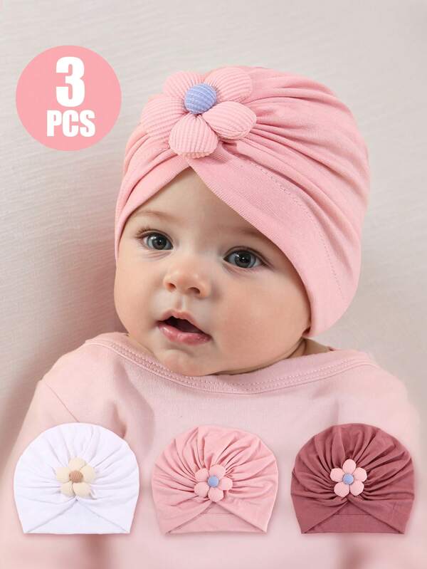 Set de 3 gorros de bebé con decoración floral linda, aptos para todas las estaciones