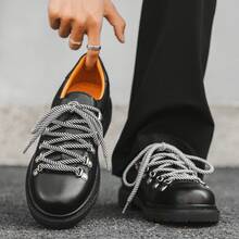 Men's Derby Shoes New Versatile Lace-Up Casual Shoes With Hidden Wedge Thick Sole Small Leather Shoes - 黑色 - 查看 11
