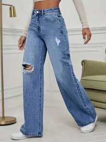 High-Quality Casual Distressed Pocket Design Wide Leg Jeans