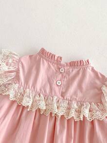 1 pieza Vestido casual cómodo de manga larga con cuello alto, bordado y con ribete de encaje en color rosa para niñas, otoño - Rosa Oxidada - Ver 4