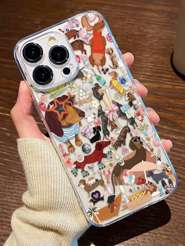 1 pieza Funda de teléfono a prueba de golpes, a prueba de huellas dactilares y resistente al agua y a los arañazos, con diseño de perro salchicha transparente de TPU para iPhone