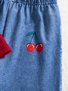 2pcs Girls Casual Outfits, Solid Color Embroidered Cherry Pattern Round Neck Long Sleeve Top And Long Pants Set, Spring/Autumn - Red - View 8