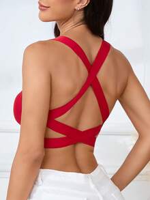 1 czerwony bezszwowy, żebrowany biustonosz sportowy do jogi i fitnessu, z modnymi, podwójnie skrzyżowanymi ramiączkami w kształcie litery X