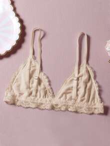 假日季超薄文胸卡其色新娘内衣女士文胸花卉图案小胸女士文胸蕾丝睫毛文胸上衣柔软无缝文胸性感内衣 - 卡其色 - 查看 4