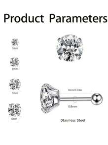 2 Stücke/Set Titanstahl hypoallergene Ohrknochenstifte mit 4-Krallen 5A Qualität Zirkonia Rundkugel Einzeldiamant Schraubverschluss Ohrringe, einfach & modisch 20G Feingewinde Ohrpiercing Schmuck