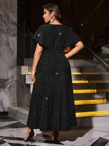 Plus Size V-Neck Elegant Party Dress, Metallic Shiny, Elastic Waist, Flowy Hem, Comfortable & Flattering - Black - View 2