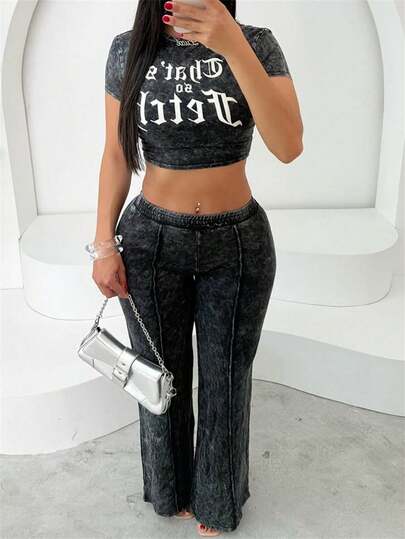 FQLWL 女士夏季时尚套装，高街嘻哈纯色字母印花两件套，圆领修身露脐上衣搭配直筒提臀裤套装，黑色