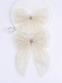 2 件白色米色薄纱蝴蝶结发饰，适合女婴，大号蝴蝶结鳄鱼夹，素色优雅网眼发夹，幼儿女孩蝴蝶结夹，婚礼发夹，儿童婴儿发饰