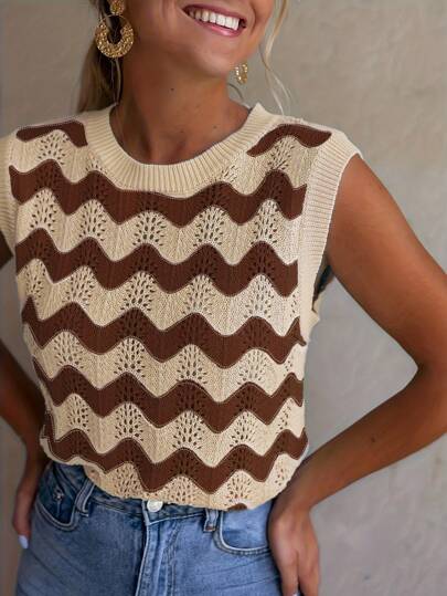 1pc Colorblock Striped Knitted Mesh Sweater Top, Summer