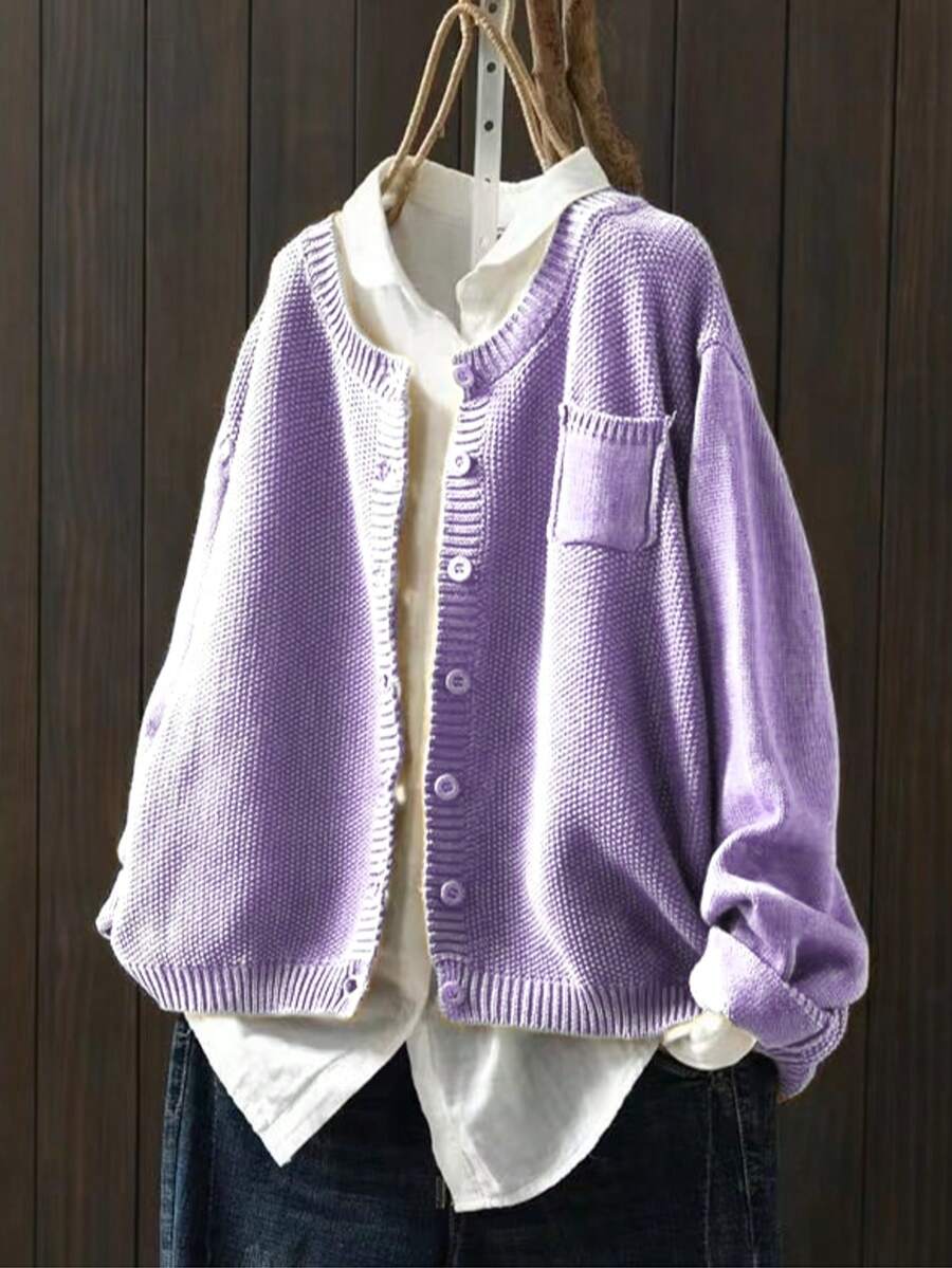 女士休闲加大码长袖开衫，带侧袋，秋冬款 - 淡紫色 - 查看 1