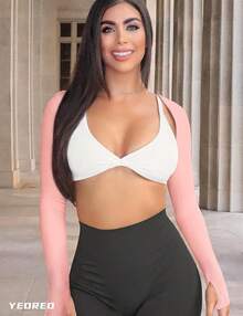 Women Crop Top Long Sleeve Bolero Open Front Workout Cropped Shirts Sports Shrug - 粉色 - 查看 3