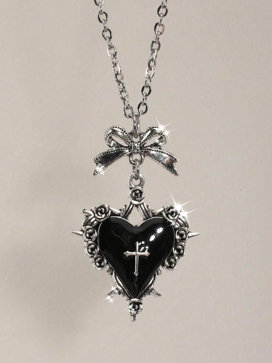 哥特式 Y2K 亚文化黑色心形蝴蝶结荆棘吊坠项链，独特设计颈链 - 黑色 - 查看 1