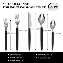 48-Piece Luxury Flatware Set For 8 - 8 Dinner Forks, 8 Knives, 8 Spoons, 16 Teaspoons & 8 Salad Forks - Premium 430 Stainless Steel With Black PP Handles - Dishwasher Modern Cutlery Set