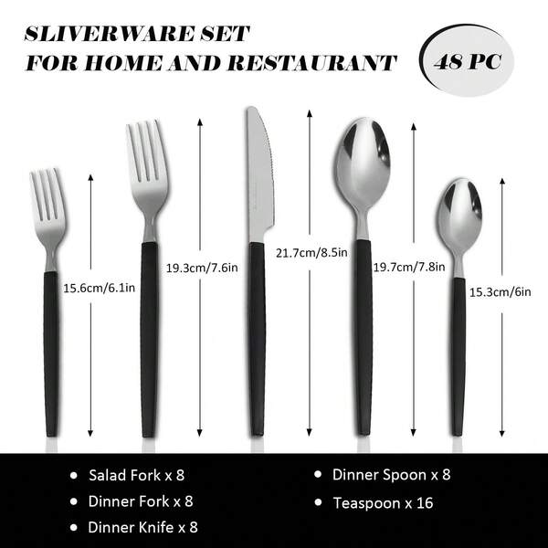 48-Piece Luxury Flatware Set For 8 - 8 Dinner Forks, 8 Knives, 8 Spoons, 16 Teaspoons & 8 Salad Forks - Premium 430 Stainless Steel With Black PP Handles - Dishwasher Modern Cutlery Set