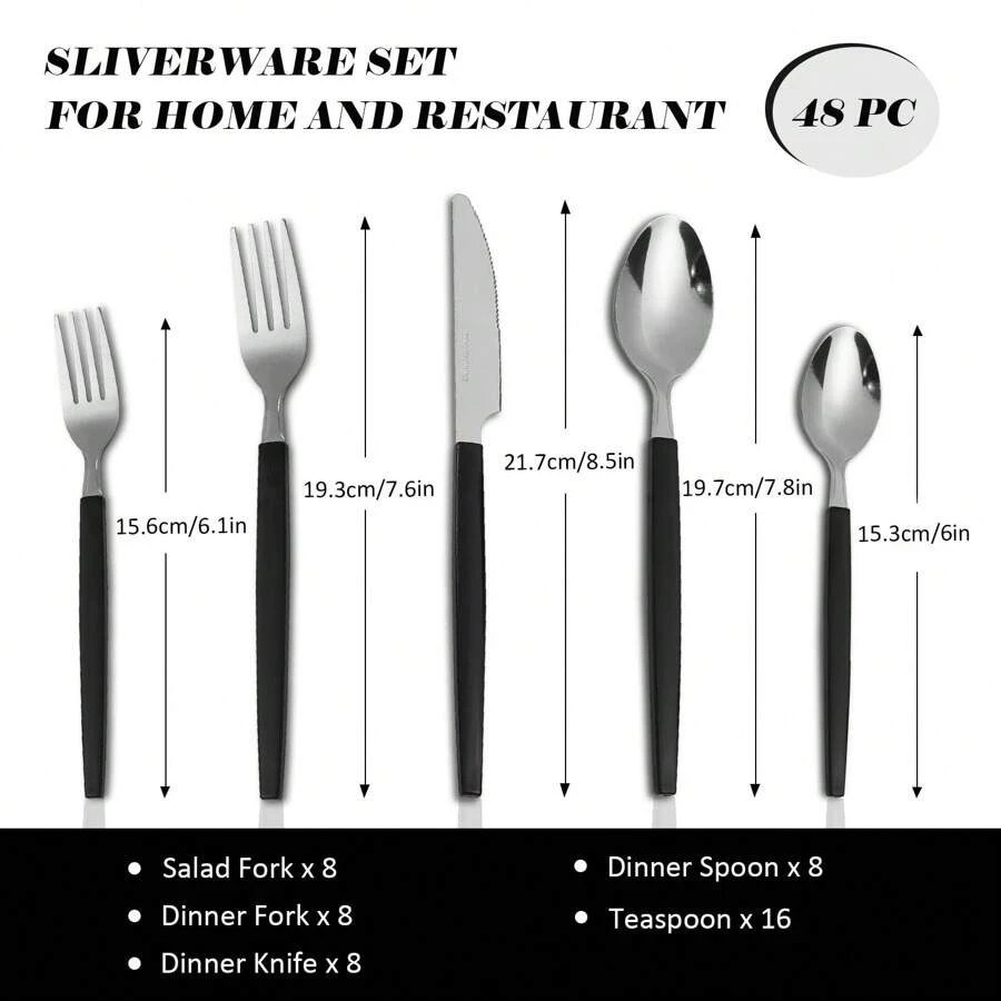 48-Piece Luxury Flatware Set For 8 - 8 Dinner Forks, 8 Knives, 8 Spoons, 16 Teaspoons & 8 Salad Forks - Premium 430 Stainless Steel With Black PP Handles - Dishwasher Modern Cutlery Set