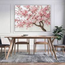 1pc Elegant Pink Cherry Blossom Textured Canvas Wall Art, Modern Floral Tree Painting Print For Living Room Bedroom Decor, Beautiful Spring Nature Botanical Artwork Accent, Stretched Gallery Wrap Home Decoration. - 彩色 - 查看 2